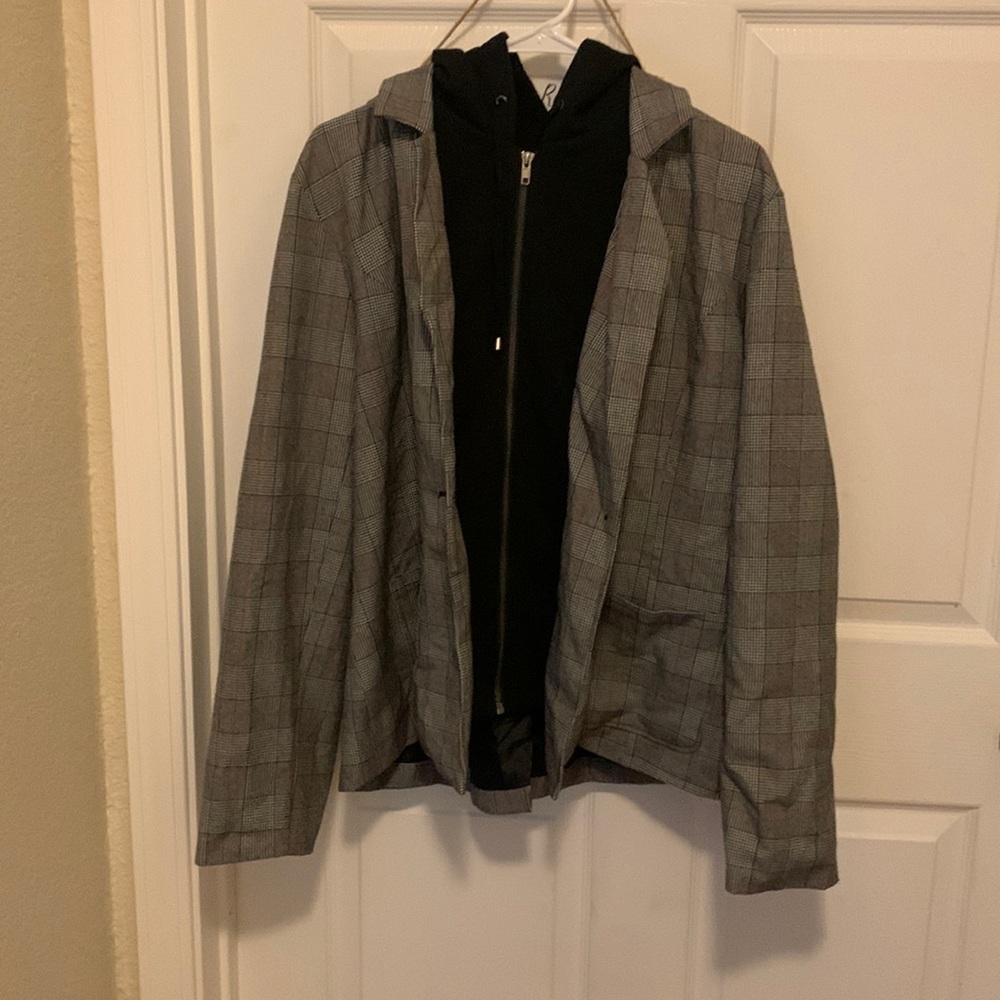 Wild Fable Jacket Strip black gray and red lined with a black hoodie attached.